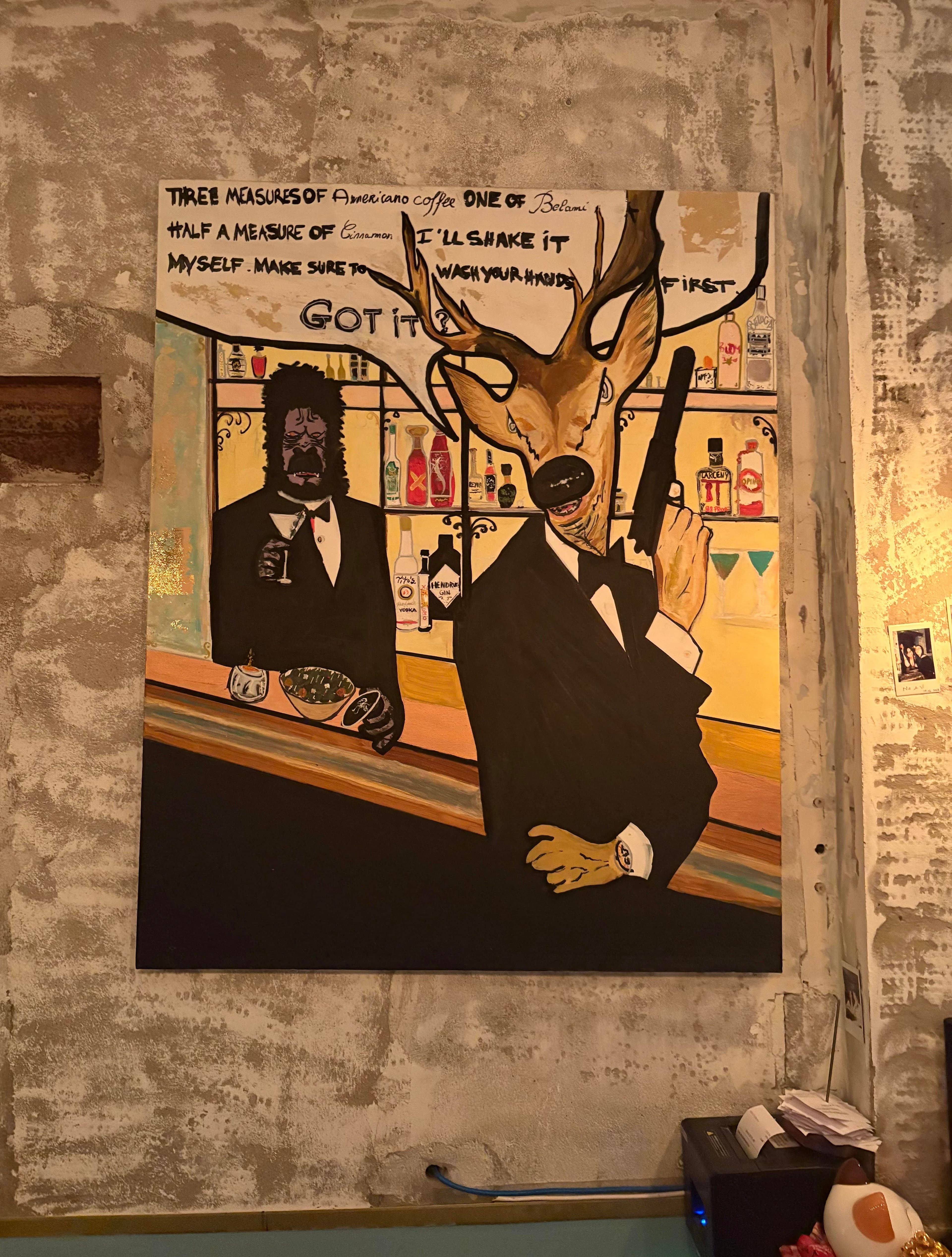 deer and gorilla at a bar painting 