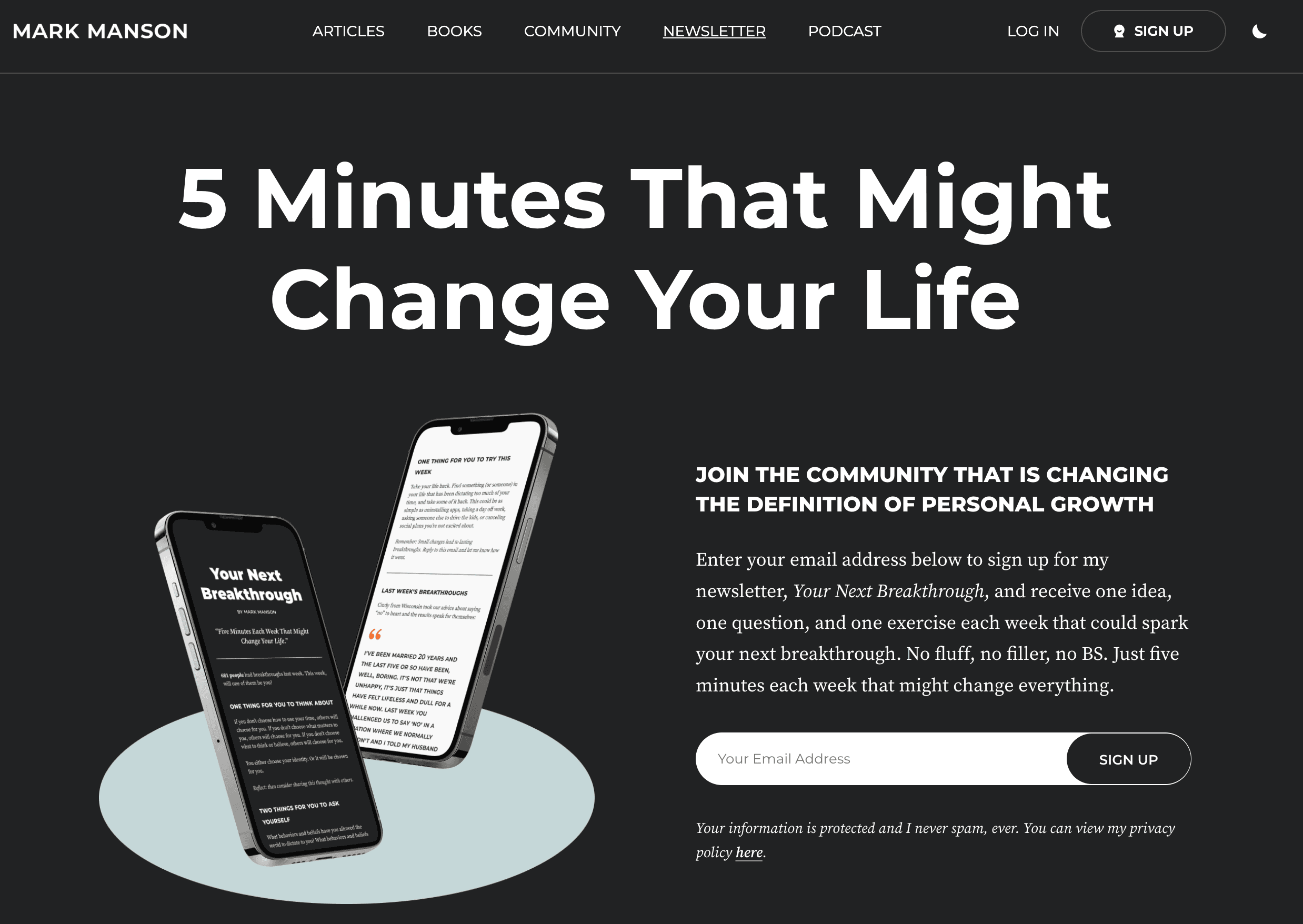 screenshot of the your next breakthrough newsletter 